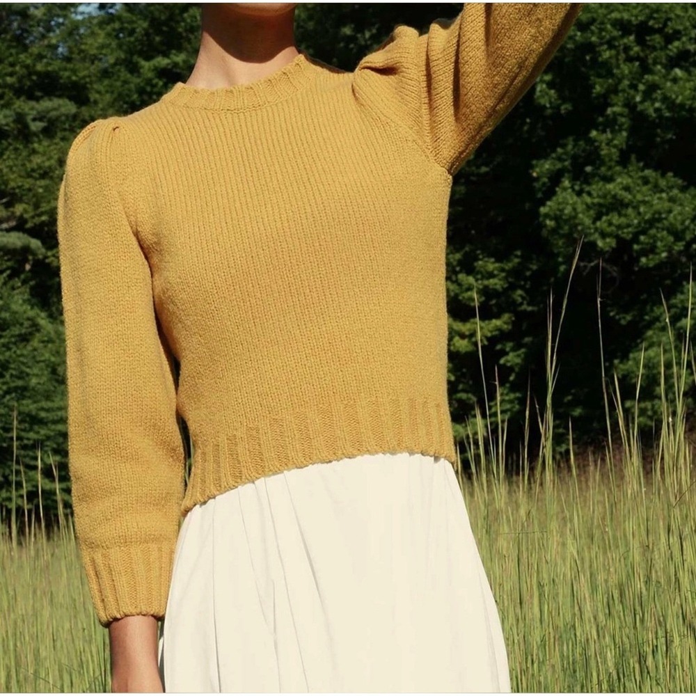 Doen Wool Sweater Large Puff Shoulder Mustard Virgin Wool‎ Fall Minimalist EUC